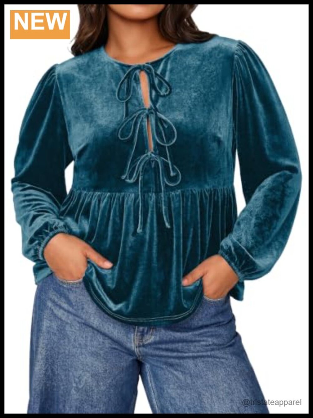 Plus Size Velvet Babydoll Blouse with Bow Tie Front Puff Sleeve